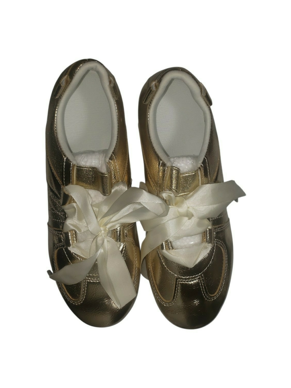 Women's sz 8 metallic shiny gold ballet-style sneakers with prominent wide lace.